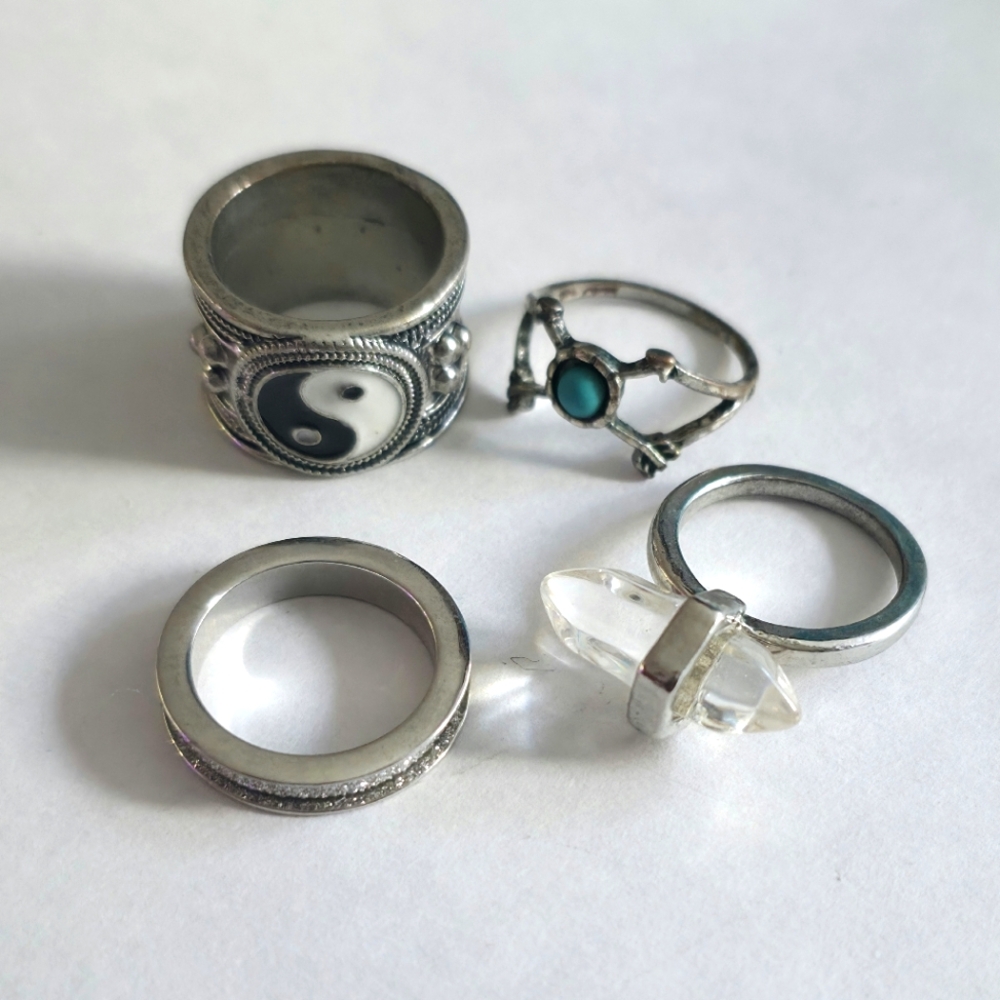 Silver Ring Set Of 4 Turquoise, Quartz, Yin Yang, Estimated Size 7